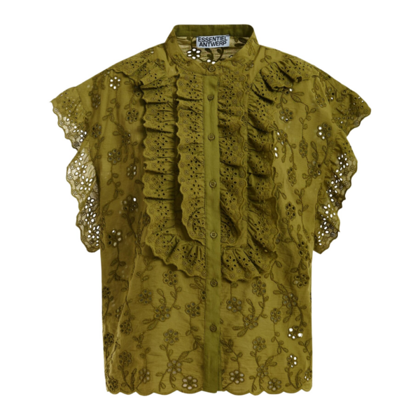 Essentiel Antwerp Khaki Broderie Anglaise Cotton Blouse With Ruffled Trims - Essentiel Antwerp Tops - Colorful Belgian Design - Shop at Coveti