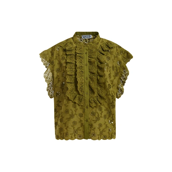 Essentiel Antwerp Khaki Broderie Anglaise Cotton Blouse With Ruffled Trims - Essentiel Antwerp Tops - Colorful Belgian Design - Shop at Coveti