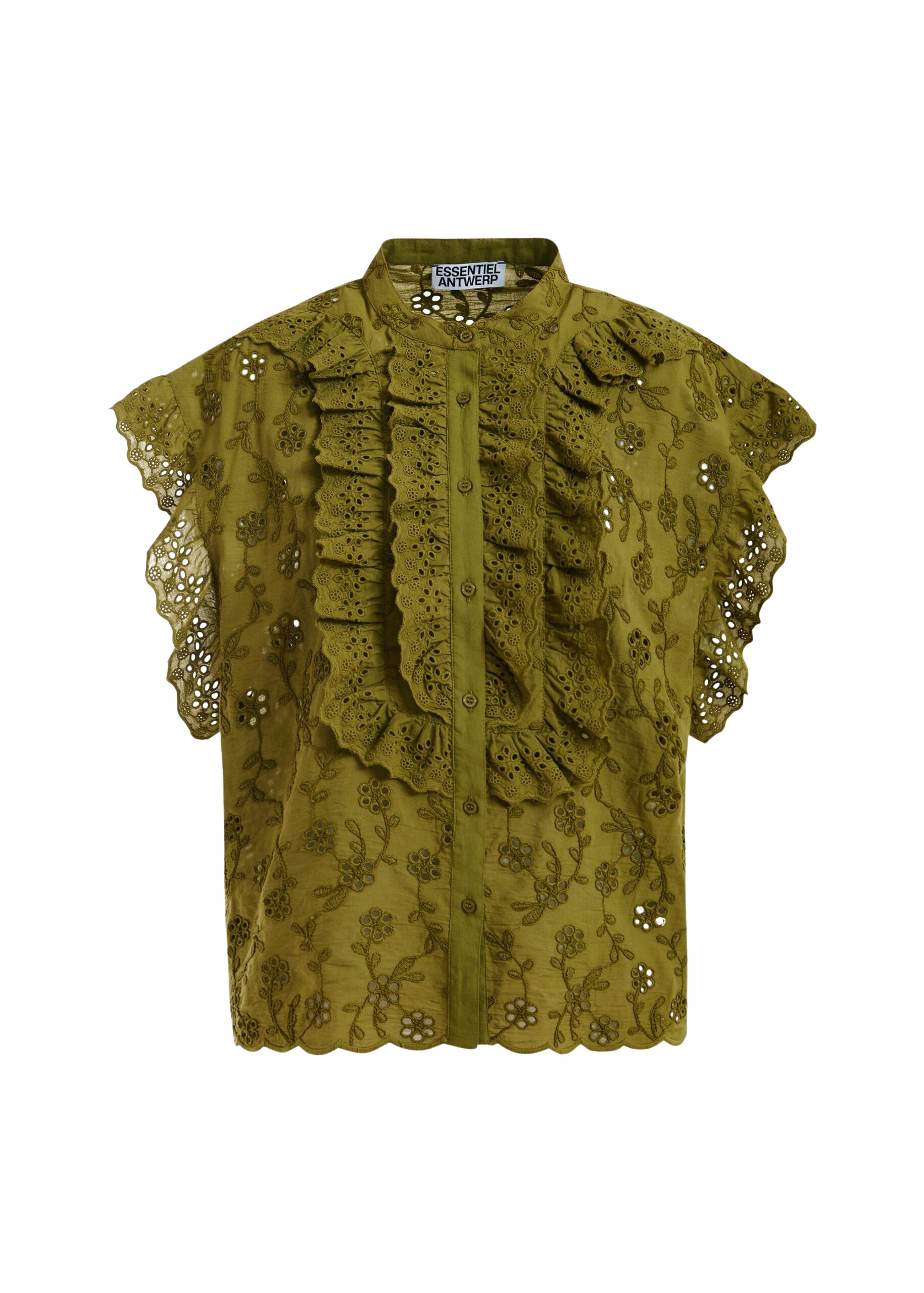 Essentiel Antwerp Khaki Broderie Anglaise Cotton Blouse With Ruffled Trims - Essentiel Antwerp Tops - Colorful Belgian Design - Shop at Coveti