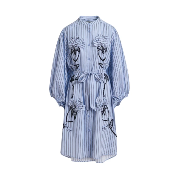 Essentiel Antwerp Light Blue And Black Oversized Cotton Shirt Dress With Floral Appliqué Embroidery And Bead Embellishments - Essentiel Antwerp Dresses - Colorful Belgian Design - Shop at Coveti