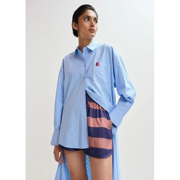 Essentiel Antwerp Light Blue And White Oversized Cotton Shirt With Transformable Tie Detail, view 5