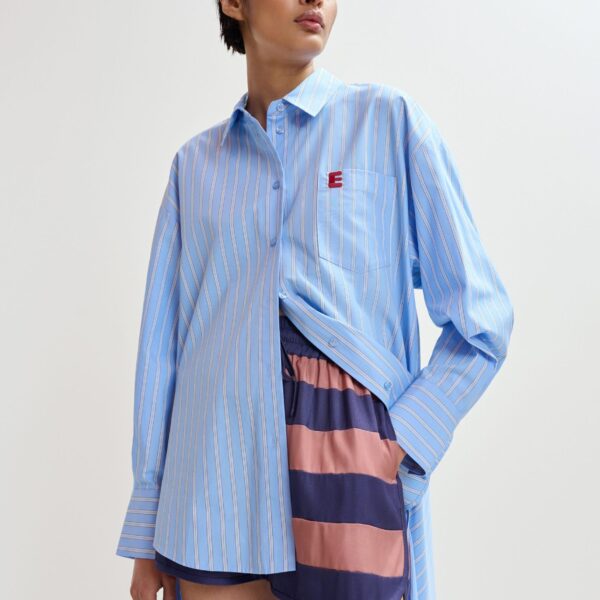 Essentiel Antwerp Light Blue And White Oversized Cotton Shirt With Transformable Tie Detail - Essentiel Antwerp Tops - Colorful Belgian Design - Shop at Coveti