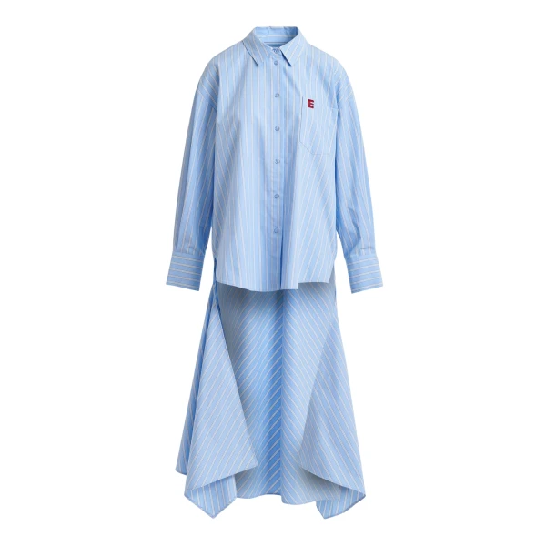 Essentiel Antwerp Light Blue And White Oversized Cotton Shirt With Transformable Tie Detail - Essentiel Antwerp Tops - Colorful Belgian Design - Shop at Coveti