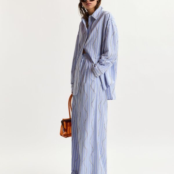 Essentiel Antwerp Light Blue And White Rhinestone-Embellished Striped Wide-Leg Pants - Essentiel Antwerp Pants - Colorful Belgian Design - Shop at Coveti