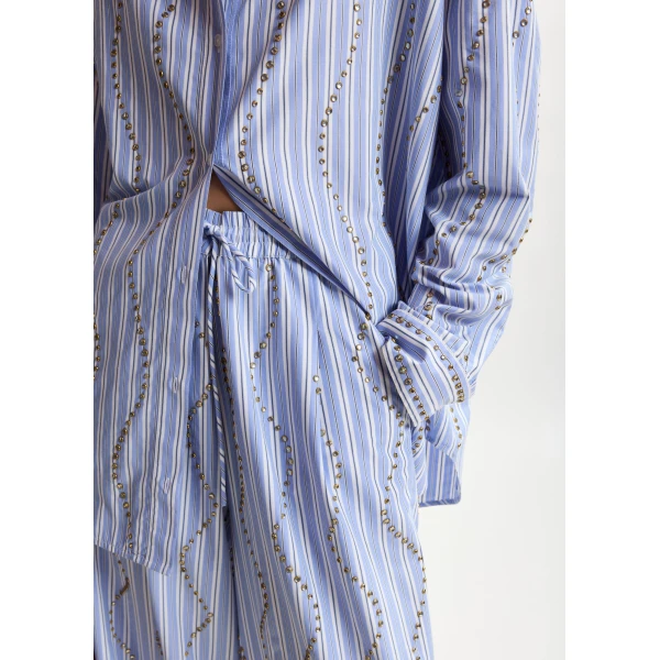 Essentiel Antwerp Light Blue And White Rhinestone-Embellished Striped Wide-Leg Pants, view 4