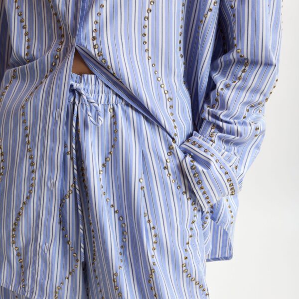 Essentiel Antwerp Light Blue And White Rhinestone-Embellished Striped Wide-Leg Pants - Essentiel Antwerp Pants - Colorful Belgian Design - Shop at Coveti