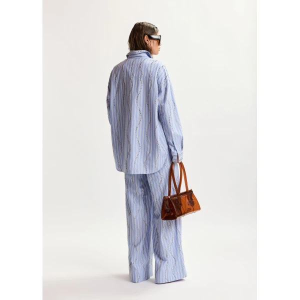 Essentiel Antwerp Light Blue And White Rhinestone-Embellished Striped Wide-Leg Pants, view 5