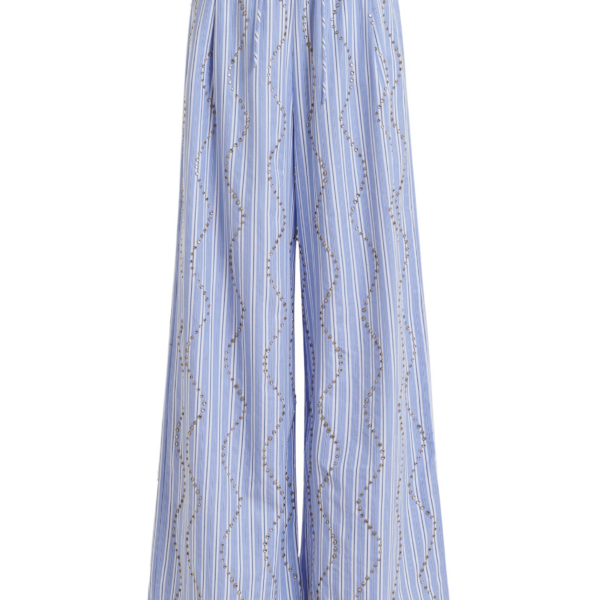 Essentiel Antwerp Light Blue And White Rhinestone-Embellished Striped Wide-Leg Pants - Essentiel Antwerp Pants - Colorful Belgian Design - Shop at Coveti