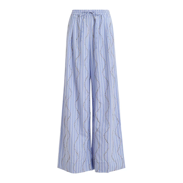 Essentiel Antwerp Light Blue And White Rhinestone-Embellished Striped Wide-Leg Pants - Essentiel Antwerp Pants - Colorful Belgian Design - Shop at Coveti