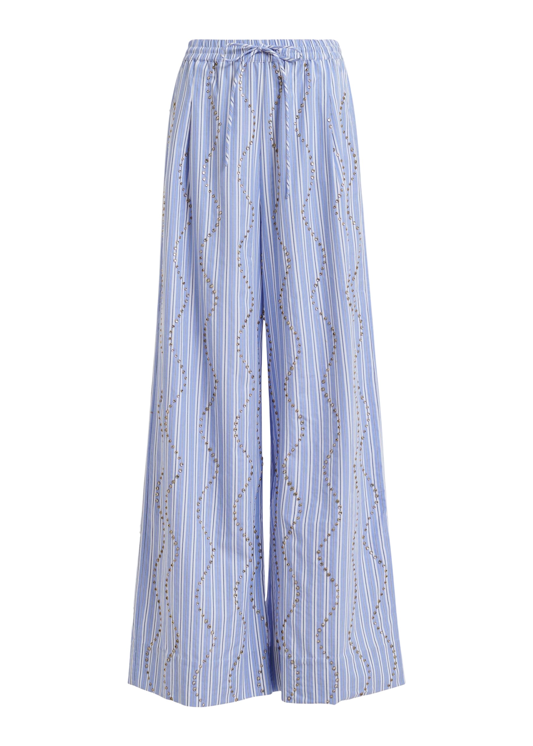 Essentiel Antwerp Light Blue And White Rhinestone-Embellished Striped Wide-Leg Pants - Essentiel Antwerp Pants - Colorful Belgian Design - Shop at Coveti