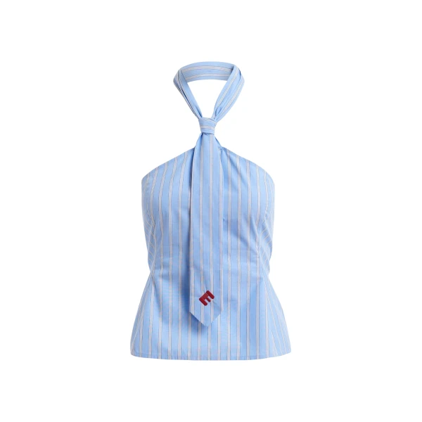 Essentiel Antwerp Light Blue And White Striped Halterneck Cotton Top With Tie Detail - Essentiel Antwerp Tops - Colorful Belgian Design - Shop at Coveti