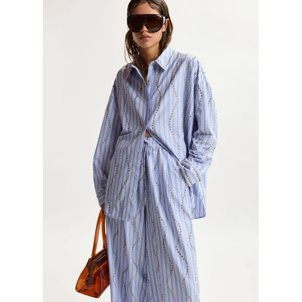 Essentiel Antwerp Light Blue And White Striped Oversized Shirt With Stud Embellishments, view 2