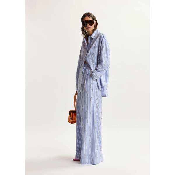 Essentiel Antwerp Light Blue And White Striped Oversized Shirt With Stud Embellishments, view 3