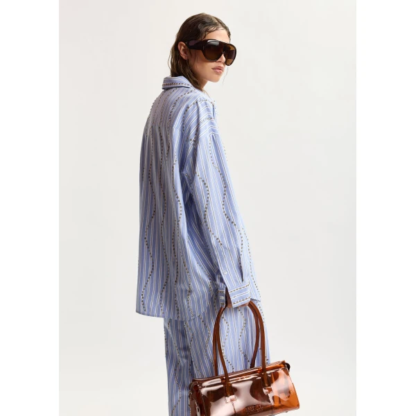 Essentiel Antwerp Light Blue And White Striped Oversized Shirt With Stud Embellishments, view 4