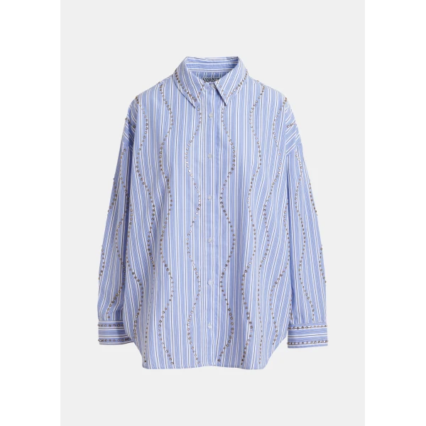 Essentiel Antwerp Light Blue And White Striped Oversized Shirt With Stud Embellishments