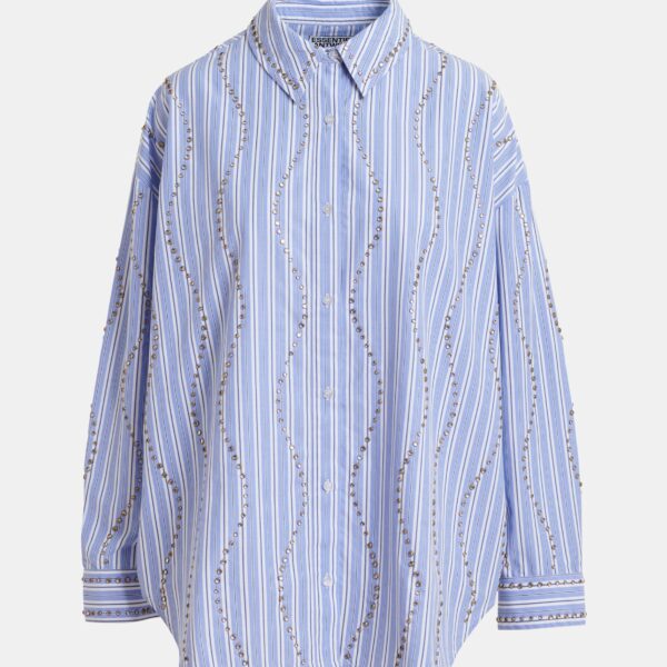 Essentiel Antwerp Light Blue And White Striped Oversized Shirt With Stud Embellishments - Essentiel Antwerp Tops - Colorful Belgian Design - Shop at Coveti