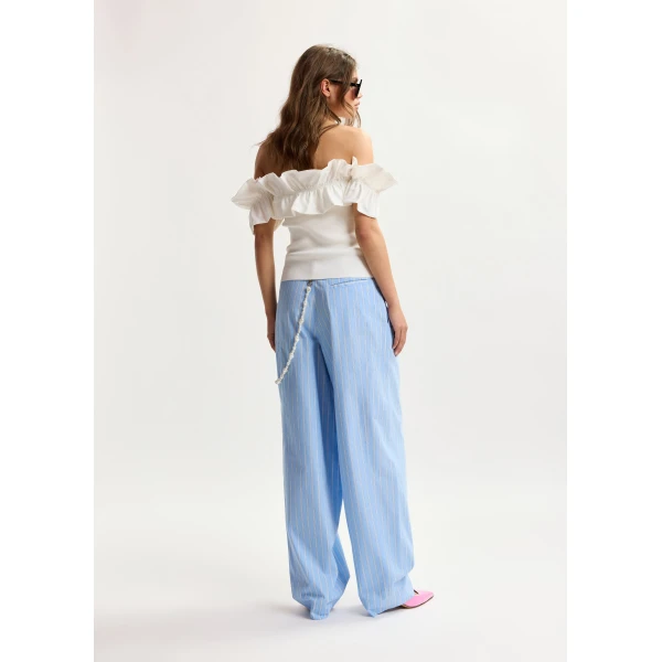 Essentiel Antwerp Light Blue And White Tapered-Leg Cotton Pants With Detachable Pearl Belt, view 3