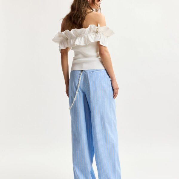 Essentiel Antwerp Light Blue And White Tapered-Leg Cotton Pants With Detachable Pearl Belt - Essentiel Antwerp Pants - Colorful Belgian Design - Shop at Coveti