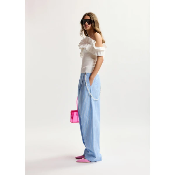 Essentiel Antwerp Light Blue And White Tapered-Leg Cotton Pants With Detachable Pearl Belt, view 5