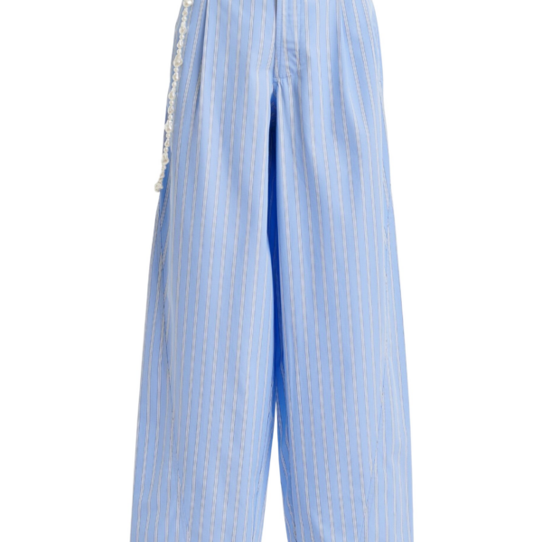 Essentiel Antwerp Light Blue And White Tapered-Leg Cotton Pants With Detachable Pearl Belt - Essentiel Antwerp Pants - Colorful Belgian Design - Shop at Coveti
