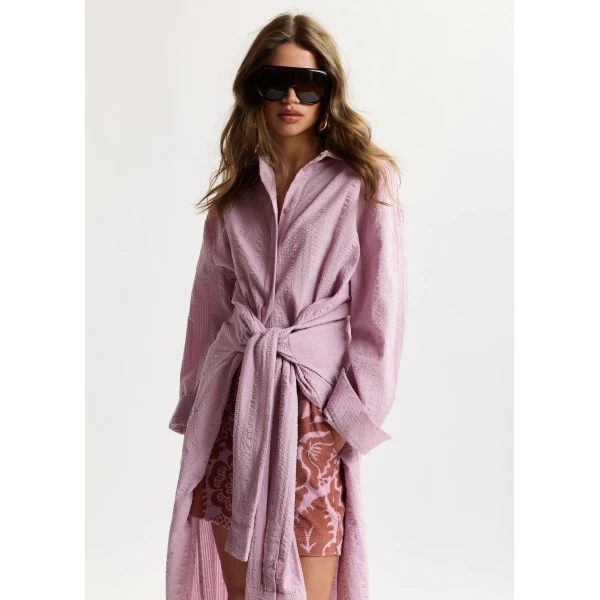Essentiel Antwerp Light Pink Cotton Shirt Dress With Faux-Sleeve Detailing, view 3
