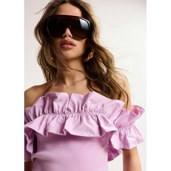 Essentiel Antwerp Light Pink Off-Shoulder Knit Top With Ruffle Trim, view 2