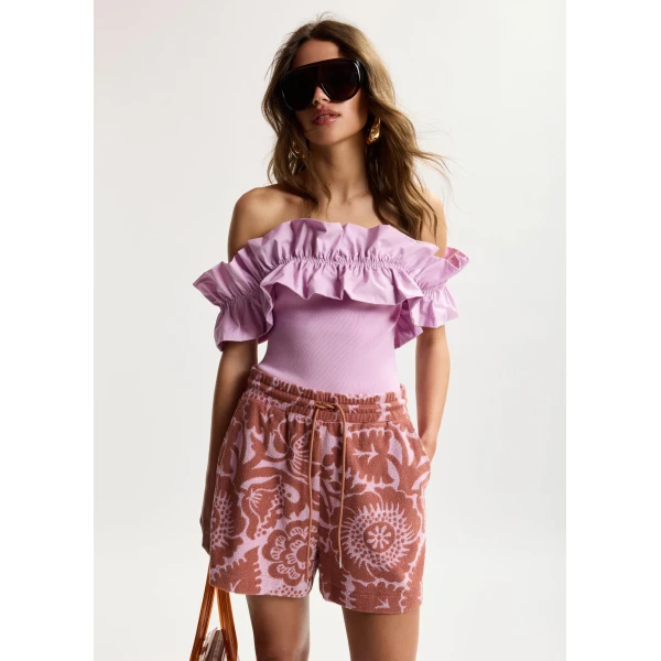 Essentiel Antwerp Light Pink Off-Shoulder Knit Top With Ruffle Trim, view 3