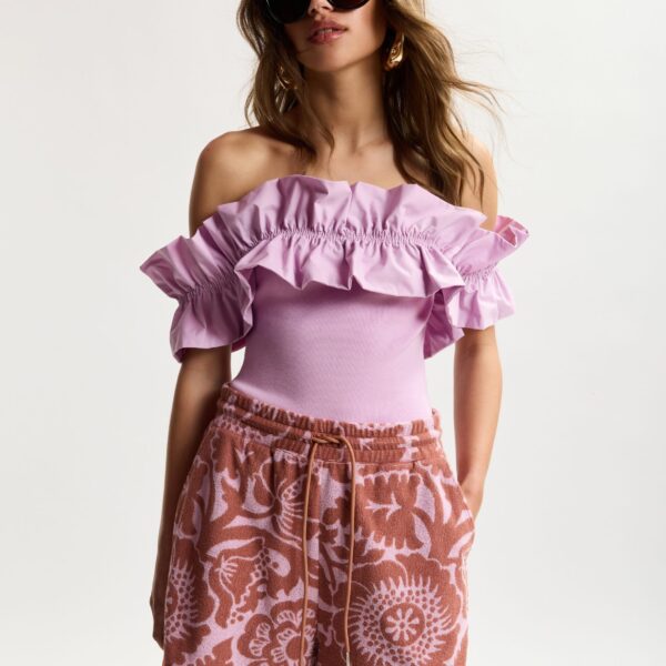 Essentiel Antwerp Light Pink Off-Shoulder Knit Top With Ruffle Trim - Essentiel Antwerp Tops - Colorful Belgian Design - Shop at Coveti