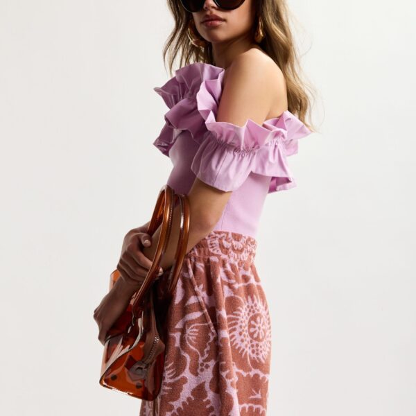 Essentiel Antwerp Light Pink Off-Shoulder Knit Top With Ruffle Trim - Essentiel Antwerp Tops - Colorful Belgian Design - Shop at Coveti