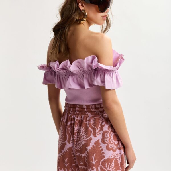 Essentiel Antwerp Light Pink Off-Shoulder Knit Top With Ruffle Trim - Essentiel Antwerp Tops - Colorful Belgian Design - Shop at Coveti