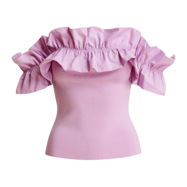 Essentiel Antwerp Light Pink Off-Shoulder Knit Top With Ruffle Trim - Essentiel Antwerp Tops - Colorful Belgian Design - Shop at Coveti