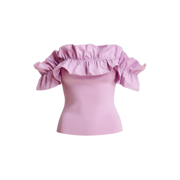Essentiel Antwerp Light Pink Off-Shoulder Knit Top With Ruffle Trim - Essentiel Antwerp Tops - Colorful Belgian Design - Shop at Coveti