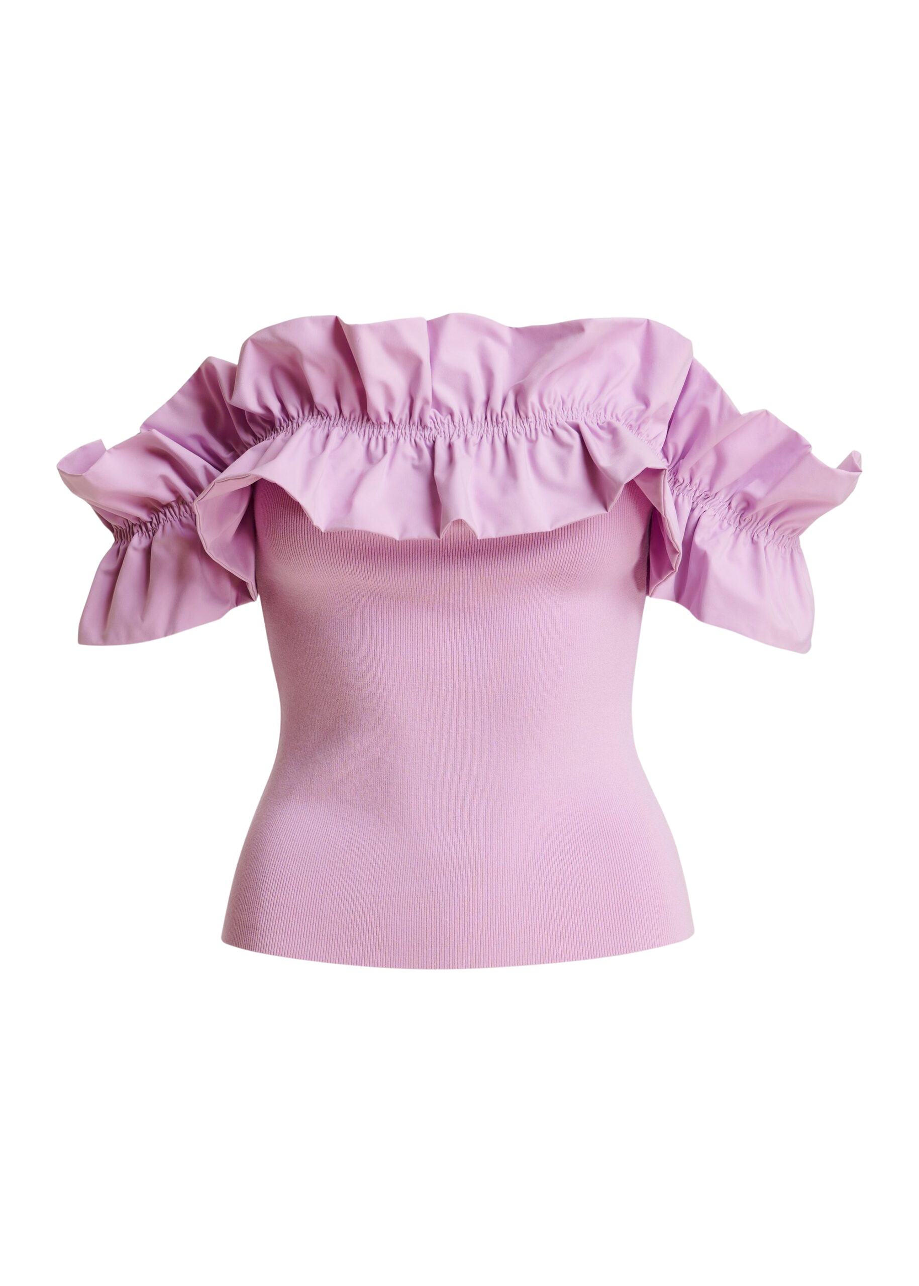 Essentiel Antwerp Light Pink Off-Shoulder Knit Top With Ruffle Trim - Essentiel Antwerp Tops - Colorful Belgian Design - Shop at Coveti