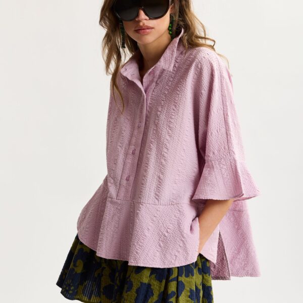 Essentiel Antwerp Light Pink Peplum Cotton Shirt With Contrasting Collar - Essentiel Antwerp Tops - Colorful Belgian Design - Shop at Coveti