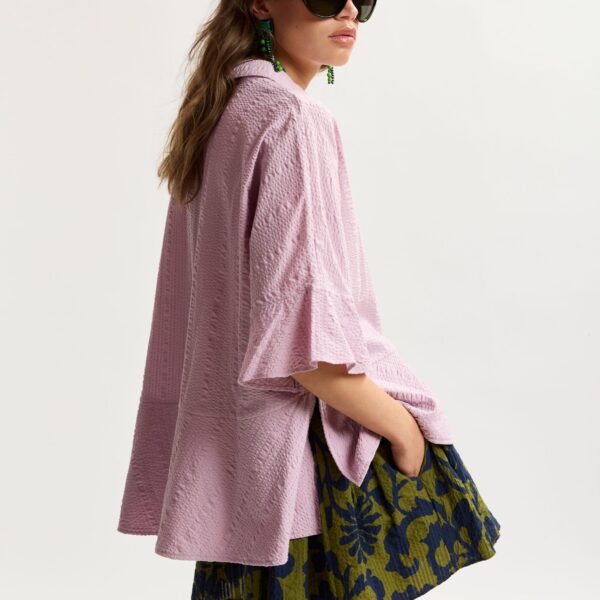 Essentiel Antwerp Light Pink Peplum Cotton Shirt With Contrasting Collar - Essentiel Antwerp Tops - Colorful Belgian Design - Shop at Coveti