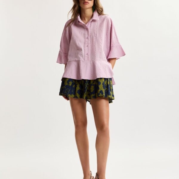 Essentiel Antwerp Light Pink Peplum Cotton Shirt With Contrasting Collar - Essentiel Antwerp Tops - Colorful Belgian Design - Shop at Coveti