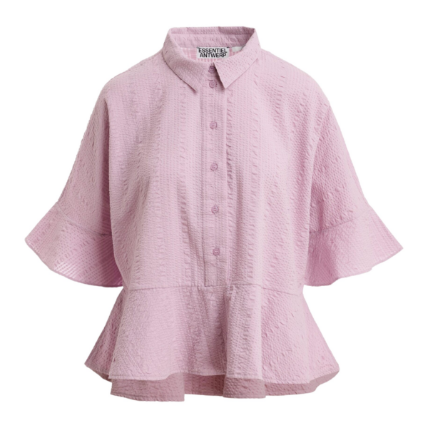 Essentiel Antwerp Light Pink Peplum Cotton Shirt With Contrasting Collar - Essentiel Antwerp Tops - Colorful Belgian Design - Shop at Coveti