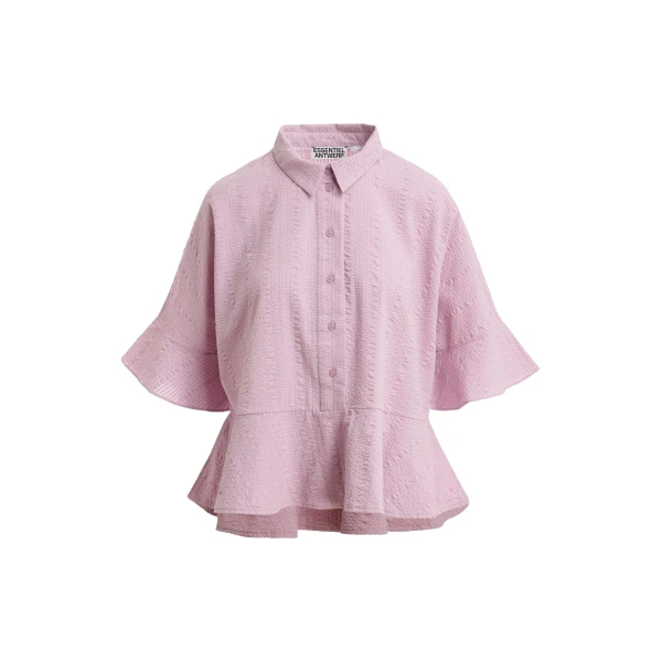 Essentiel Antwerp Light Pink Peplum Cotton Shirt With Contrasting Collar - Essentiel Antwerp Tops - Colorful Belgian Design - Shop at Coveti
