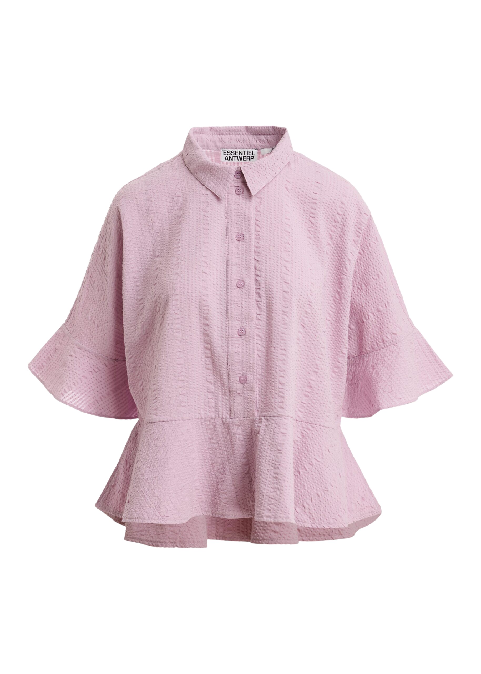 Essentiel Antwerp Light Pink Peplum Cotton Shirt With Contrasting Collar - Essentiel Antwerp Tops - Colorful Belgian Design - Shop at Coveti
