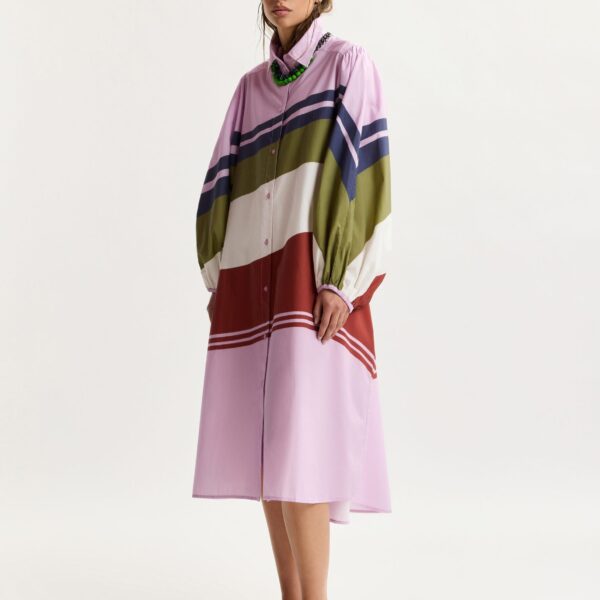 Essentiel Antwerp Lilac And Multicolor Oversized Cotton Shirt Dress With Placed Stripe Print - Essentiel Antwerp Dresses - Colorful Belgian Design - Shop at Coveti