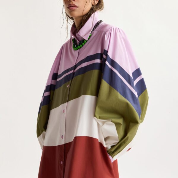 Essentiel Antwerp Lilac And Multicolor Oversized Cotton Shirt Dress With Placed Stripe Print - Essentiel Antwerp Dresses - Colorful Belgian Design - Shop at Coveti