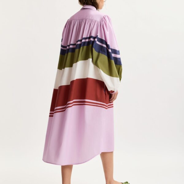 Essentiel Antwerp Lilac And Multicolor Oversized Cotton Shirt Dress With Placed Stripe Print - Essentiel Antwerp Dresses - Colorful Belgian Design - Shop at Coveti