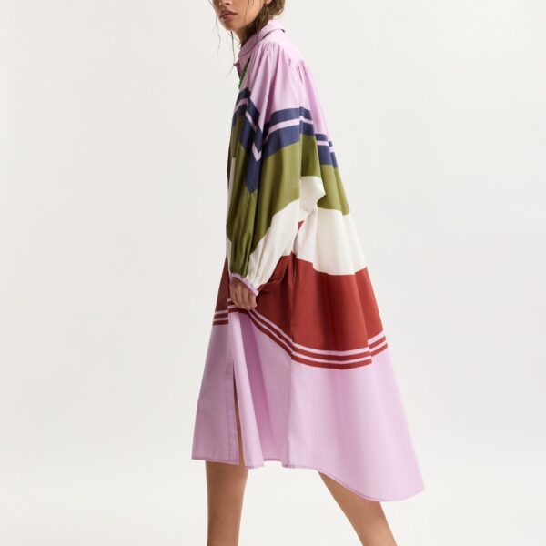 Essentiel Antwerp Lilac And Multicolor Oversized Cotton Shirt Dress With Placed Stripe Print - Essentiel Antwerp Dresses - Colorful Belgian Design - Shop at Coveti