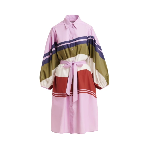 Essentiel Antwerp Lilac And Multicolor Oversized Cotton Shirt Dress With Placed Stripe Print - Essentiel Antwerp Dresses - Colorful Belgian Design - Shop at Coveti