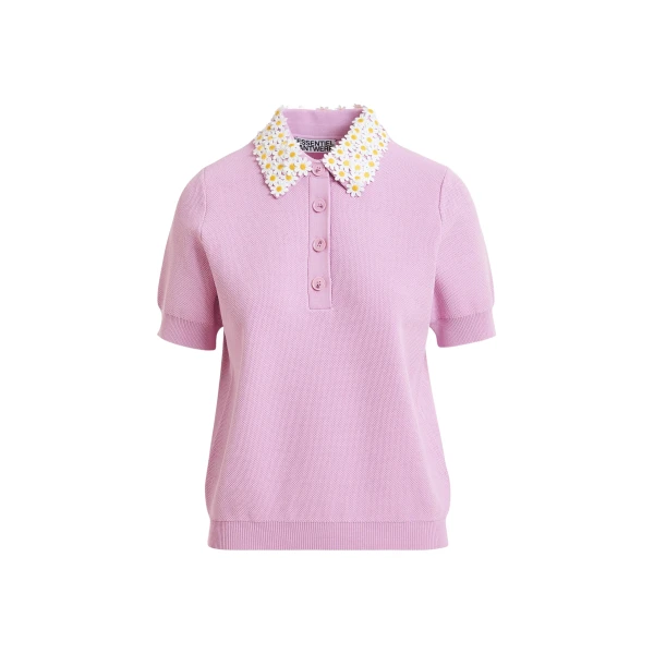 Essentiel Antwerp Lilac Fine Knit Polo Top With White And Yellow Floral Embellished Collar - Essentiel Antwerp Tops - Colorful Belgian Design - Shop at Coveti