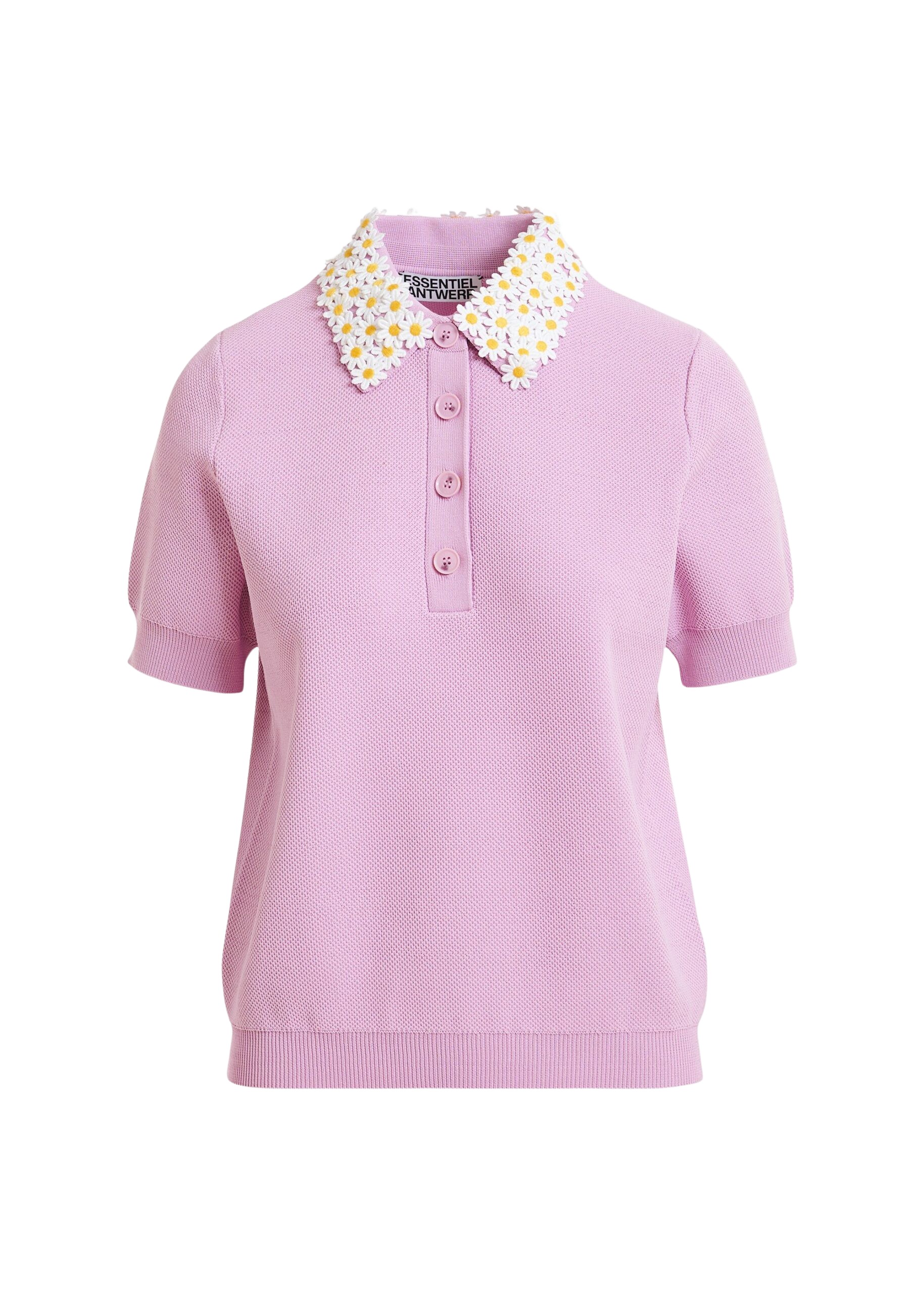 Essentiel Antwerp Lilac Fine Knit Polo Top With White And Yellow Floral Embellished Collar