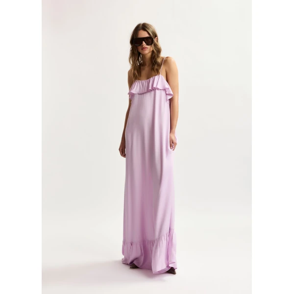 Essentiel Antwerp Lilac Maxi Dress With Ruffled Neckline And Tie-Back Detail, view 3
