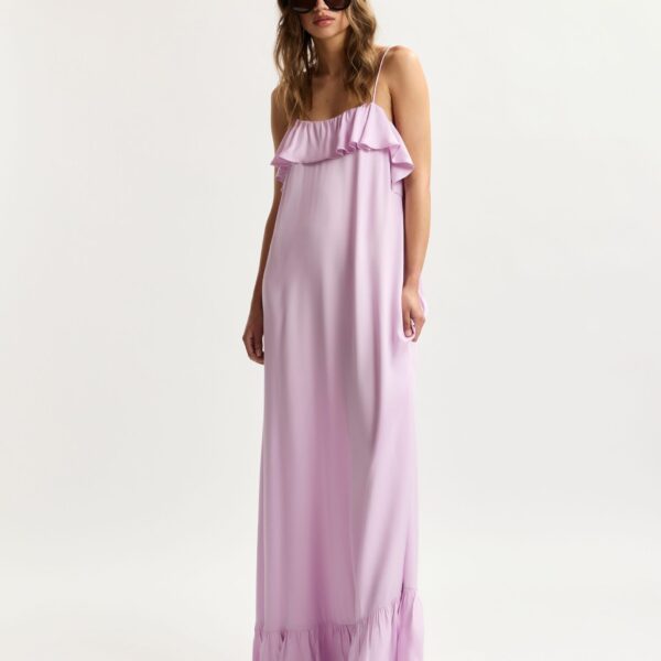 Essentiel Antwerp Lilac Maxi Dress With Ruffled Neckline And Tie-Back Detail - Essentiel Antwerp Dresses - Colorful Belgian Design - Shop at Coveti