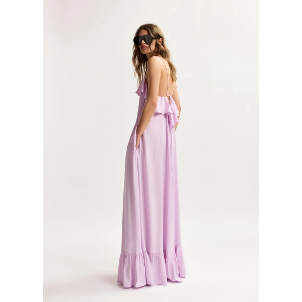 Essentiel Antwerp Lilac Maxi Dress With Ruffled Neckline And Tie-Back Detail, view 4