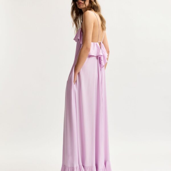 Essentiel Antwerp Lilac Maxi Dress With Ruffled Neckline And Tie-Back Detail - Essentiel Antwerp Dresses - Colorful Belgian Design - Shop at Coveti